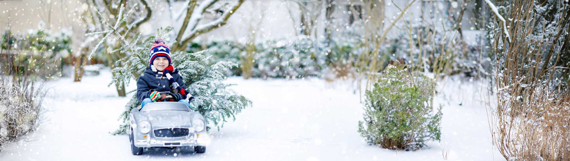 Kleiner Junge fährt in einer Winterlandschaft im Spielzeugauto und transportiert einen Baum