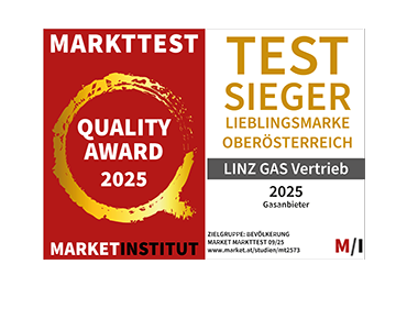 Gütesiegel vom market Instut für LINZ GAS Vertrieb als Testsieger in der Kategorie Lieblingsmarke Oberösterreich