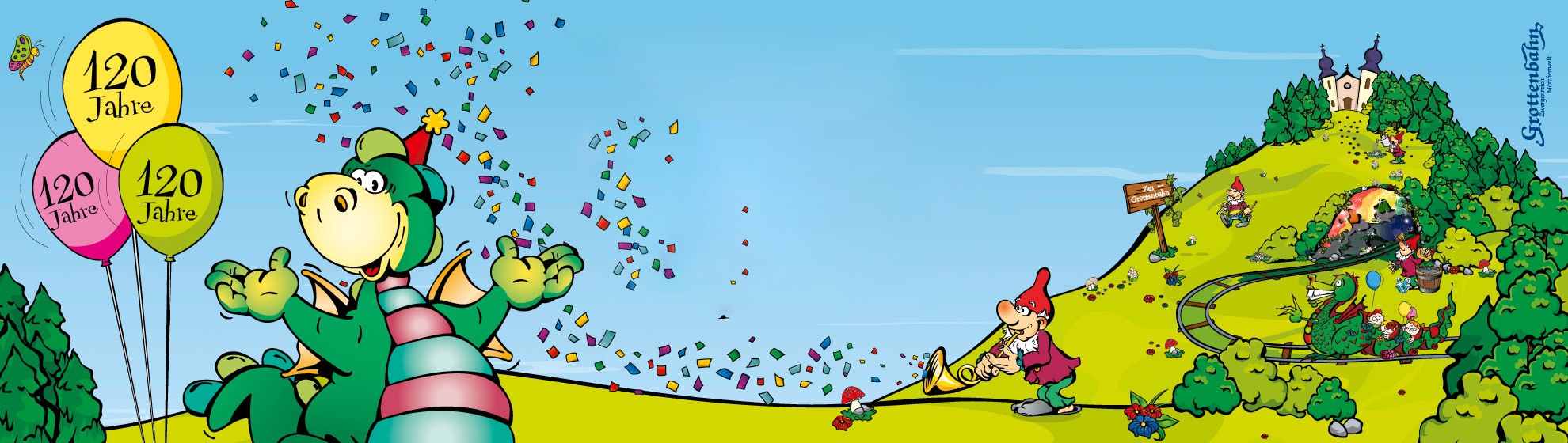 Abbildung: Drache Sebastian wirft fröhlich Konfetti in die Luft. Er steht auf einer grünen Wiese und ist von Luftballons mit der Aufschrift „120 Jahre“ umgeben. Im Hintergrund ist der Pöstlingberg zu sehen.
