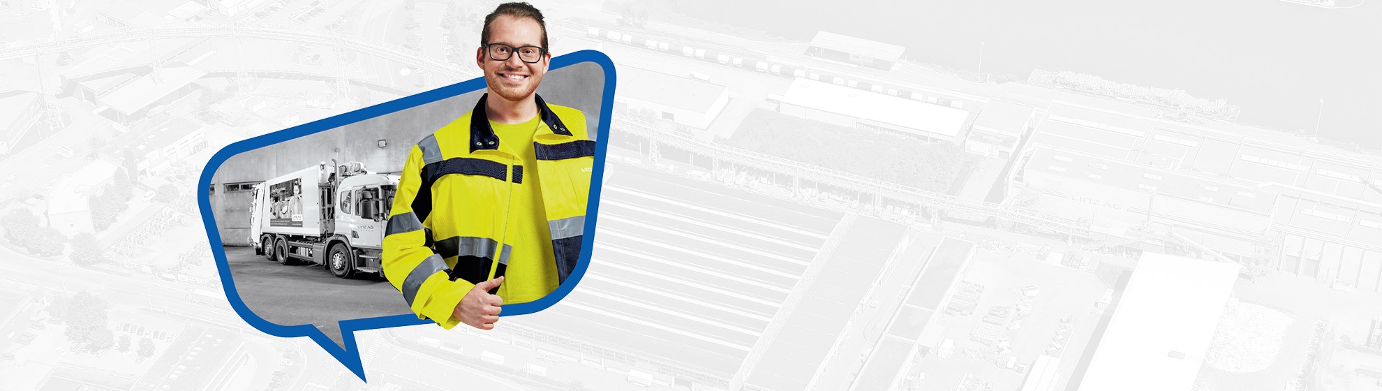Ein Müllarbeiter der  Linz AG lächelt in die Kamera, im Hintergrund ist ein Müllauto zu sehen.