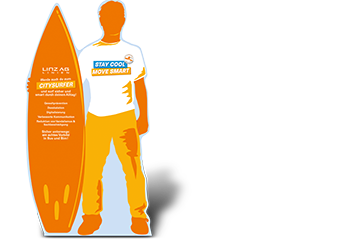 Illustration des Kartonaufstellers des Citysurfer-Projekts (ein Mann hält ein Surfboard in der Hand)