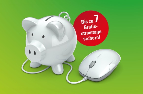 Ein Sparschwein und eine Computermaus mit Kabel auf grünem Hintergrund. Daneben ist die Botschaft "Bis zu 7 Gratisstromtage sichern!" zu sehen.