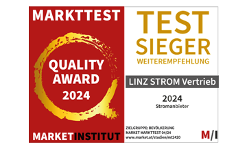 Gütesiegel "market Quality Award 2024" für LINZ STROM Vertrieb in der Gesamwertung für Oberösterreich für Platz 1 in der Kategorie Weiterempfehlung