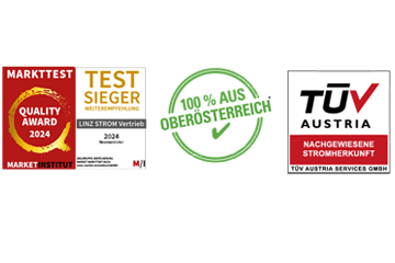 Grünes Siegel mit  Aufschrift "100 % aus Oberösterreich", ein Siegel vom Market-Institut für die Auszeichnung als Top-Stromanbieter in Oberösterreich 2024 und ein Siegel von TÜV Austria als Zertifikat für die Stromherkunft