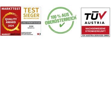 Grünes Siegel mit  Aufschrift "100 % aus Oberösterreich", ein Siegel vom Market-Institut für die Auszeichnung als Top-Stromanbieter in Oberösterreich 2024 und ein Siegel von TÜV Austria als Zertifikat für die Stromherkunft
