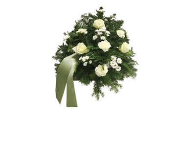 grünes Bukett mit weißen Rosen und grüner kurzer Schleife