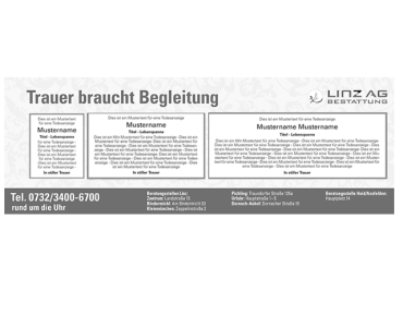 Banner mit der Aufschrift "Bestattung LINZ AG - Individuelle Begleitung im Trauerfall", Telefonnummer und Musterung für Tageszeitung.